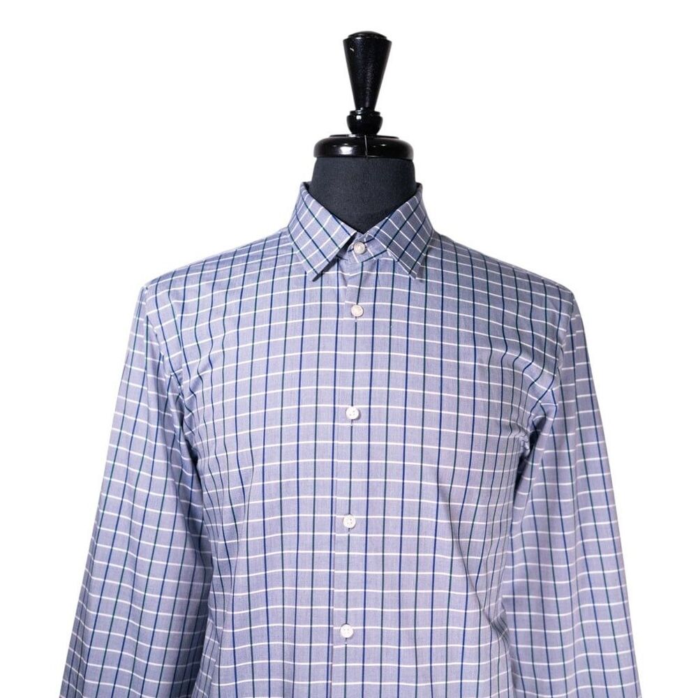 Hugo Boss Mens Dress Shirt 16 34/35 Blue Green Plaid Cotton Sharp Fit Button Up